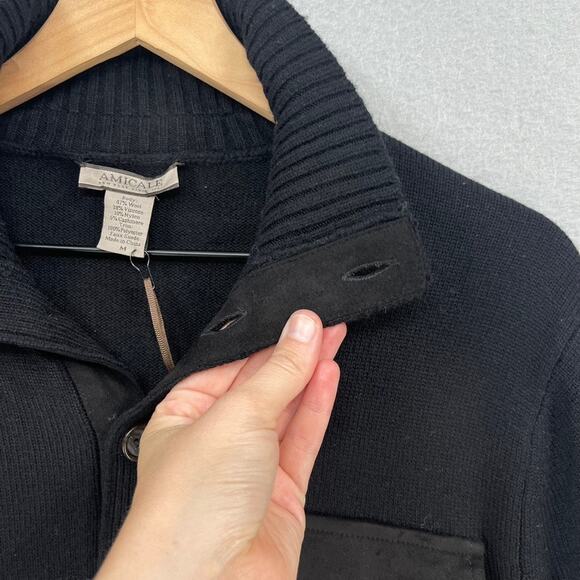 Amicale Sweater Mens Medium Black Pullover 1/2 Placket Stand Collar Jumper Wool - Picture 5 of 11